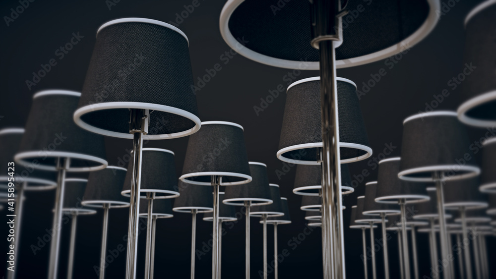 Poster 3d rendered illustration of multiple standing lamp lights in a row in dark . high quality 3d illustr