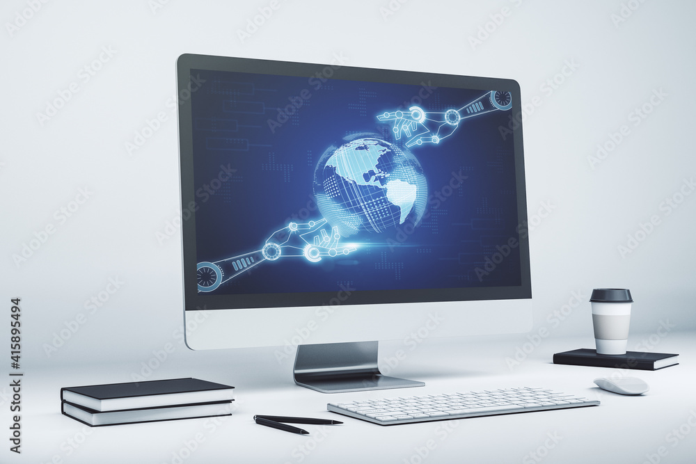 Poster modern computer monitor with robotics technology with world map hologram. research and development s