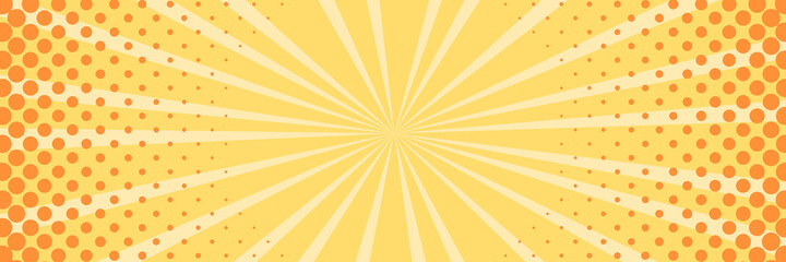 Vector background in comic book style with stripes and halftone. Retro pop art design. Long horizontal banner.