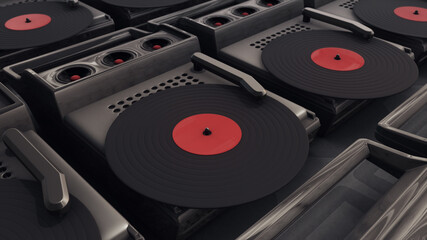 3d rendered illustration of Multiple Vintage record players and retro vinyl discs. High quality 3d illustration