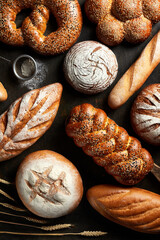 Assortment of baked goods on a dark background isometric, balance. Baked goods - golden rustic...