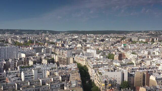 sunny day flight over paris cityscape aerial panorama 4k france