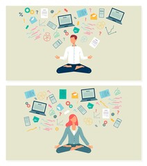 People engaged in meditation to rest of information, flat vector illustration.