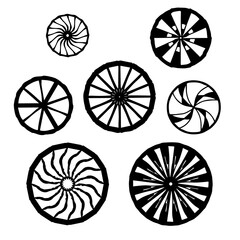set with abstract elements, wheels, circles, ornaments, black and white, stylized, vector graphics