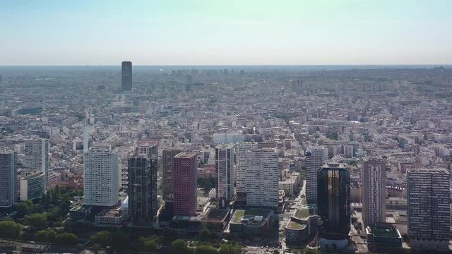 sunny day flight over paris cityscape aerial panorama 4k france