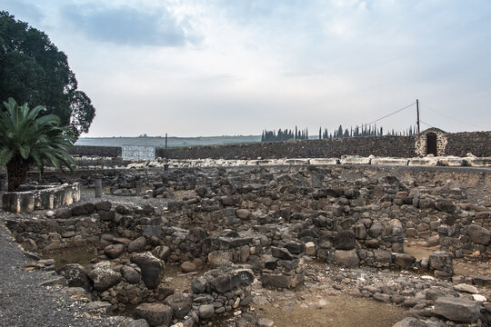 Ruins of the great synagogue of Capernaum, Israel.