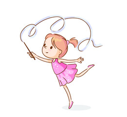 Little baby girl in pink sportswear dress performing sport rhythmic gymnastics element, move with ribbon standing on one and stretching another leg. Rhythmic gymnast dancing and spirals with ribbon