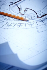 architectural drawings, pencil and glasses. business, architecture, building, construction