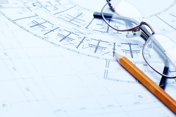 architectural drawings, pencil and glasses. business, architecture, building, construction
