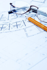 architectural drawings, pencil and glasses. business, architecture, building, construction