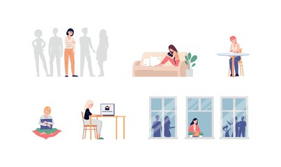Lonely women characters in everyday scenes, flat vector illustration isolated.