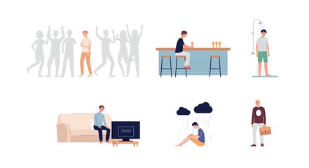 Loneliness, stress and depression of sad young man a vector illustrations.