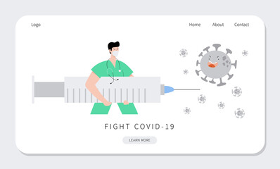Obraz na płótnie Canvas Doctors and nurses fight coronavirus with covid-19 vaccine. People carry big syringe with antivirus shot and inject pathogen. Healthcare, coronavirus, prevention and immunize. Stop covid pandemic.