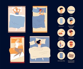 Causes of insomnia a banner with vector infographics.