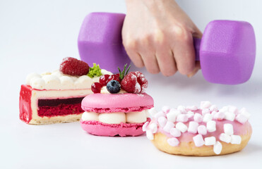 Delicious sweet pastries. Temptation and willpower to play sports