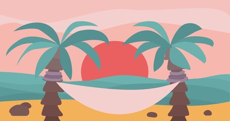 Fototapeta na wymiar Sunset landscape boho style with sea, sand, palms and hammoc