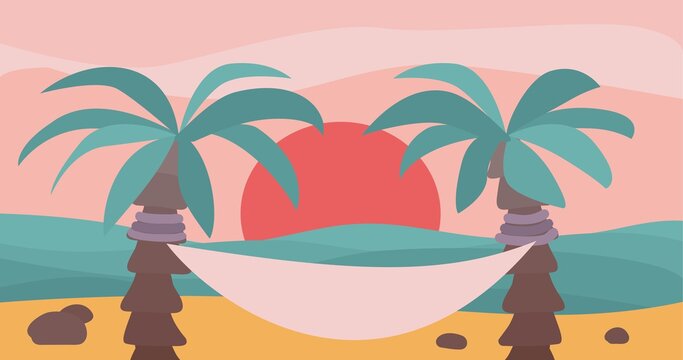 Sunset landscape boho style with sea, sand, palms and hammoc