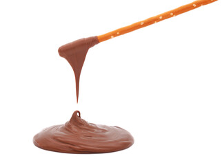 Pretzel sticks dipped in chocolate cream isolated on white 