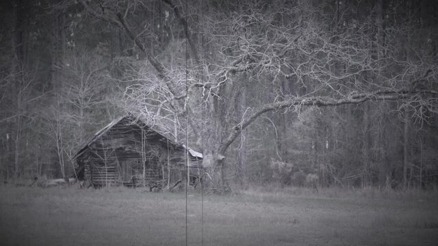 spooky vintage black and white video scene of a back water abandoned swamp building