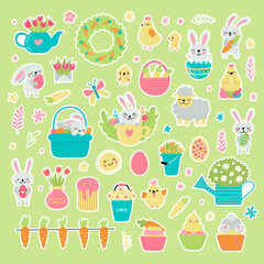 Easter greeting stickers with bunny, flowers, eggs. Vector illustration. Set of cute cartoon characters and elements.
