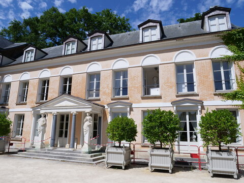 The facade of a beautiful house. A building located in a park   (name of the park: Vallée aux Loups) in the west of Paris. July 2020, France. Chatenay-Malabry city. 