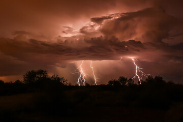 Lightning strike during summer thunderstorm, in Arizona's Sonoran Desert. Three bolts extend down...