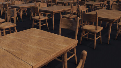 3d rendered illustration of Multiple Empty Wooden Dining Table and Chairs Isolated on dark background. High quality 3d illustration