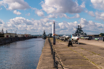 Russia. Kronstadt. July 3, 2020. The western mooring wall of the Petrovsky dock of the sluice canal...