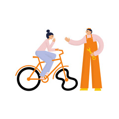 Woman on a bicycle. Bike has a bended tire. Rider is in panic. Need a service help. Repairer greats welcome her. Vector flat cartoon illustration.