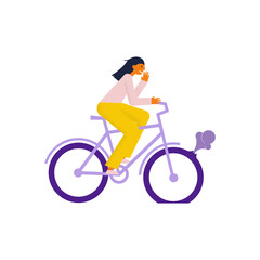 Woman on a bicycle has a flat tire. Girl cyclist is in the panic. Vector flat cartoon illustration.