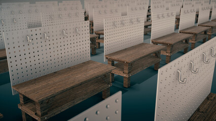 3d rendered illustration of Multiple Industrial Work Benchs in a row. High quality 3d illustration