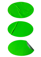 Blank neon green ovals paper sticker label set crumpled isolated on white background