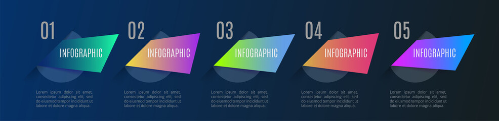 Infographic arrows with 5 step up options and glass elements. Vector template in flat design style