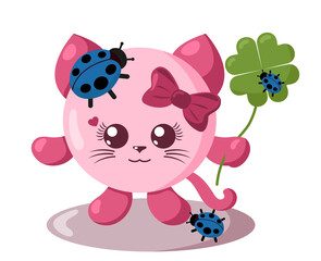 Funny cute smiling cat with round body and ladybugs holding four-leaf good luck clover in flat design with shadows. Isolated animal vector illustration
