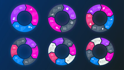 Circle arrows infographic set in modern glowing purple and blue color on dark background. Vector template with 3-8 options for diagram, workflow layout, steps, timeline, chart.