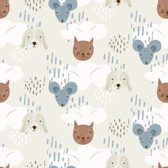 Cute cartoon seamless pattern with mice, dogs and cats heads on beige sky with clouds and dots. Funny texture with pets for kids design, wallpaper, textile, wrapping paper, background