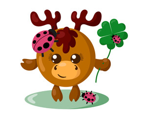 Funny cute smiling moose or deer with round body and ladybugs holding four leaf good luck clover in flat design with shadows. Isolated animal vector illustration