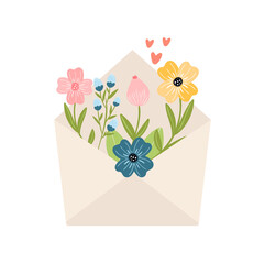 Envelope with flower bouquet. Cartoon style springtime vector hand drawn illustration. Design element. Blossom, hearts, leaves and flowers. 