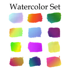 Set of gradient watercolor brush strokes, isolated on white background. Set of mixed rainbow watercolor paint. Vector illustration