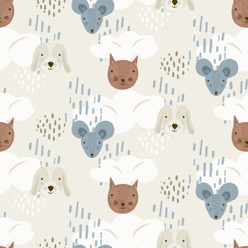 Cute cartoon seamless pattern with mice, dogs and cats heads on beige sky with clouds and dots. Funny texture with pets for kids design, wallpaper, textile, wrapping paper, background