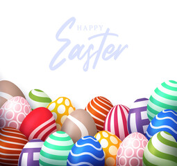Easter 2021 poster with empty space. Banner template with Easter eggs on the background. Promotion sale and shopping template for Easter. Vector illustration. Isolated 3d easter eggs