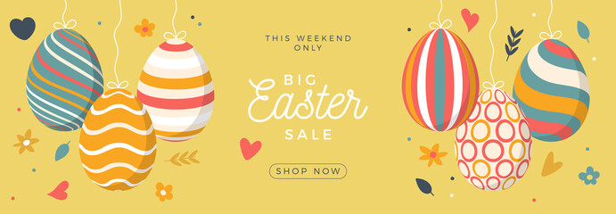 Easter egg sale horizontal banner. Easter card with flat eggs hang on a thread, colorful ornate eggs on white modern background. Vector illustration. Place for your text