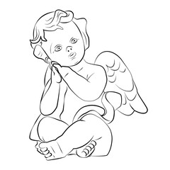 Drawn sitting child angel. Little Cupid. Amour.