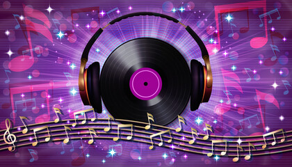 Fototapeta premium Abstract musical background with random notes on the musical staff, headphones and retro vinyl record.