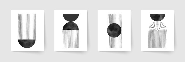 Set of abstract hand painted geometric compositions. Mid century modern posters.