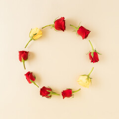 Circle shape copy space with red an yellow flowers. Woman's day background design. Minimal flat lay nature.