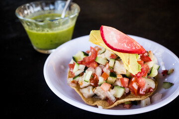 Fresh fish ceviche tostada served at a beach restaurant in the Riviera Nayarit in Mexico
