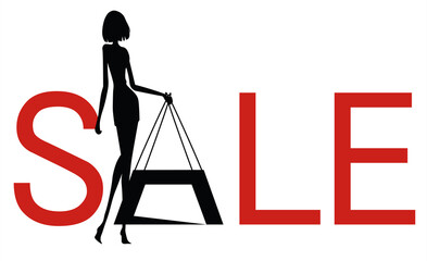 Shopping sale vector banner, girl with a bag.