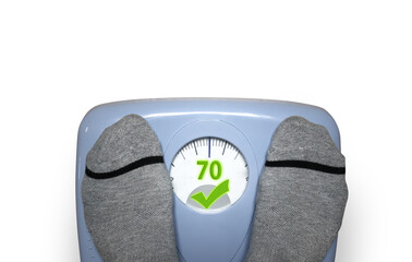 Person check his weight with a balance that shows ok message