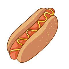 Vector hotdog with mustard. Cartoon style. Fast food hotdog for poster, menu
